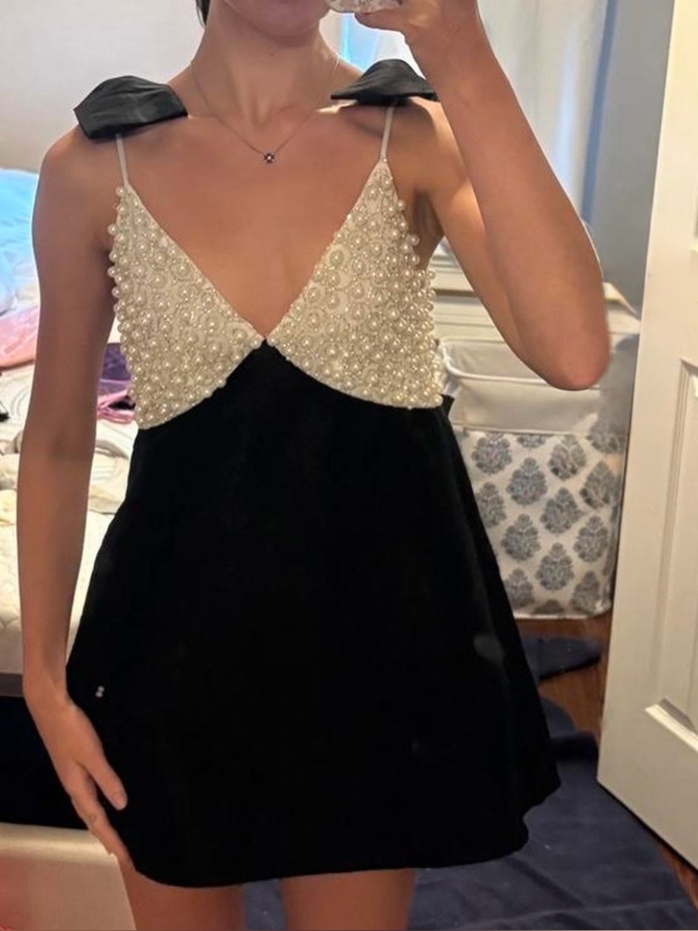 For Love & Lemons Pearly Bow Black Satin Mini Dress Size Small NWT - Picture 13 of 17